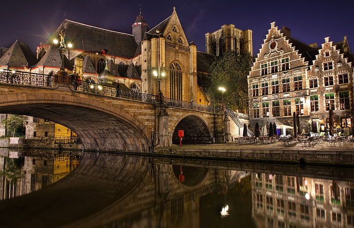 Ghent, Flanders, Belgium, Bridge, Evening, architecture, built structure, HD wallpaper