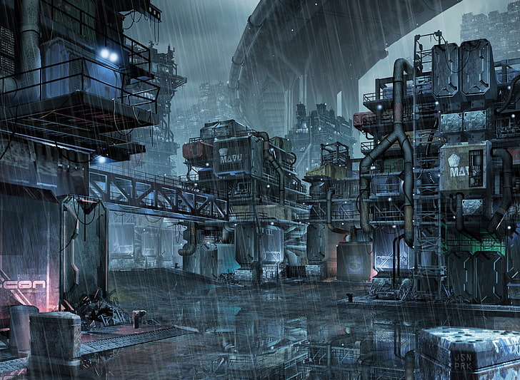 Ready Player One building, cyberpunk, futuristic, rain, factory