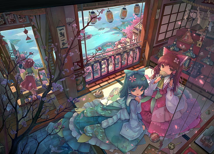 Anime Girls, Rooms, Touhou, Hakurei Reimu, Hieda no Akyuu, Kochiya Sanae, HD wallpaper