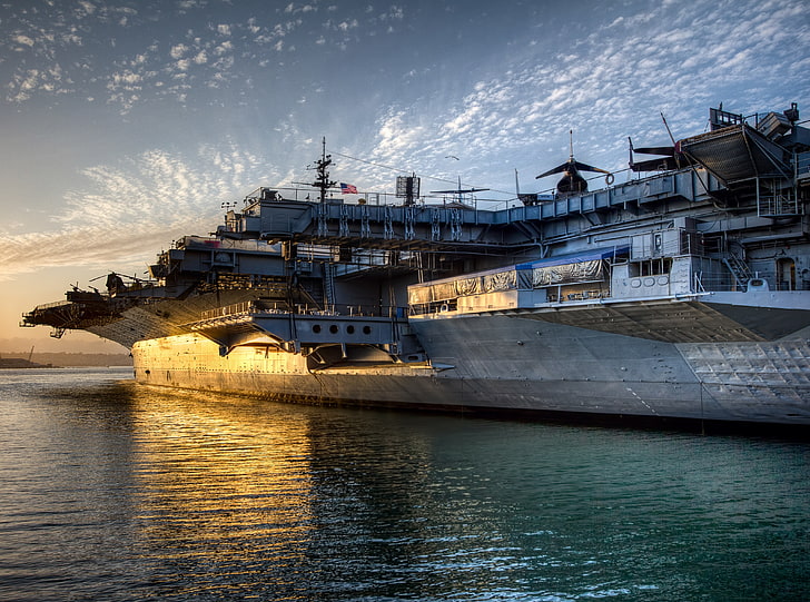 USS Midway, gray aircraft carrier, Army, Sunset, Light, Vessel
