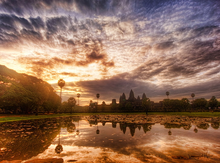 Angkor Wat Cambodia HD Wallpaper, body of water, Asia, City, Sunset