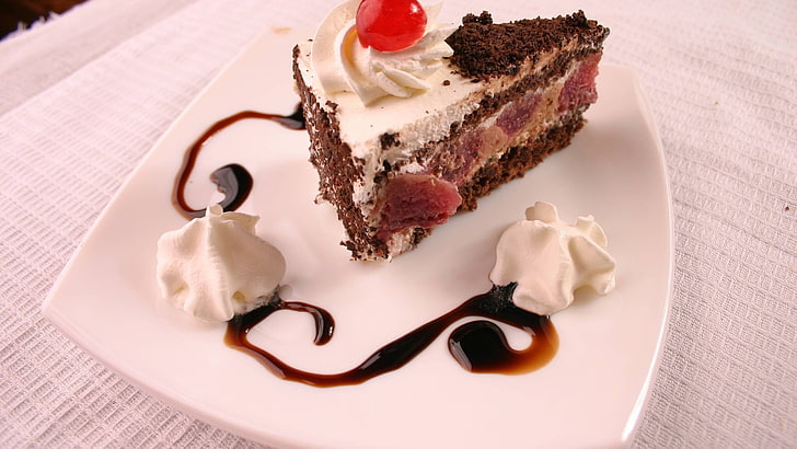 slice white icing coated cherry on top cake, food, dessert, sweet food
