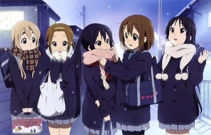 anime, winter, K-ON!, Kotobuki Tsumugi, Tainaka Ritsu, Nakano Azusa, HD wallpaper