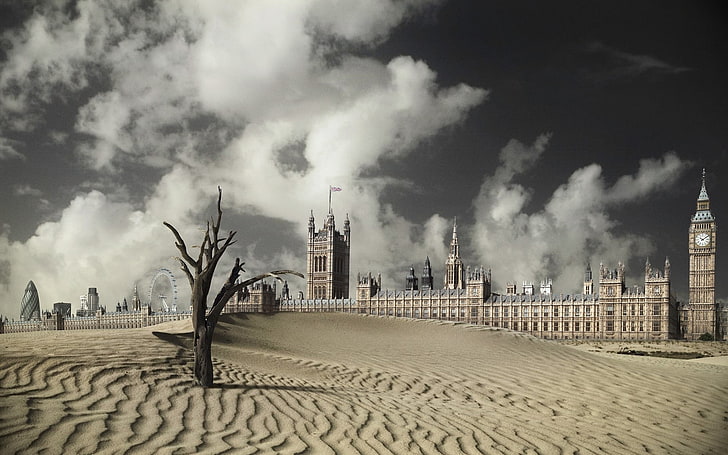 artistic postapocalyptic desert cgi london big ben houses of parliament desert city 1920x1200 wa Nature Deserts HD Art