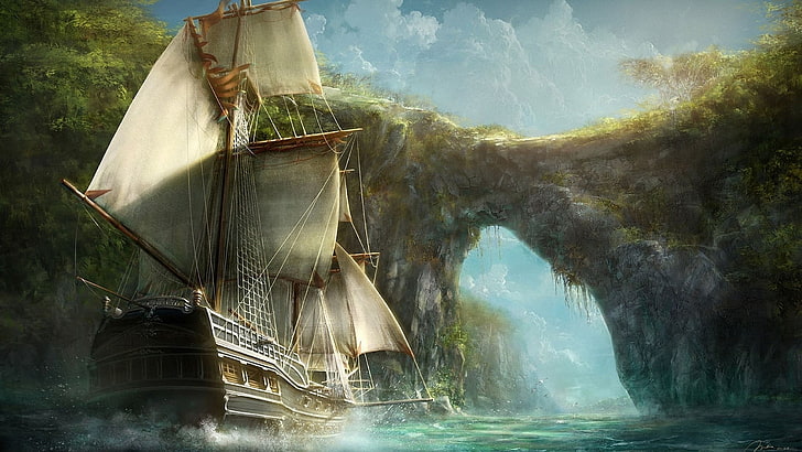 galleon ship wallpaper, artwork, boat, sailing, digital art, water, HD wallpaper
