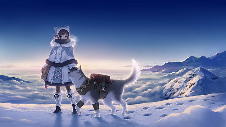 anime girl, winter, wolf, snow, landscape, clean sky, mammal