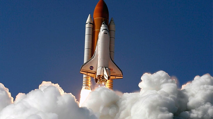 white and orange space shuttle, sky, air vehicle, cloud - sky