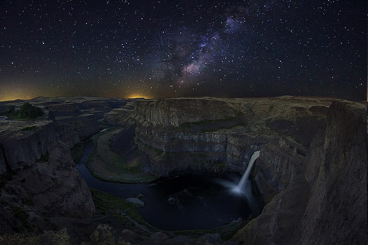 palouse falls waterfall river canyon starry night universe galaxy milky way washington state lights long exposure nature landscape