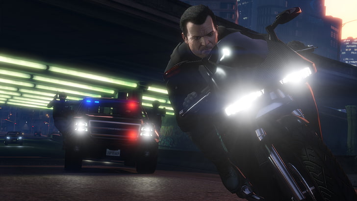 GTA V screenshot, Grand Theft Auto V, pursuit, men, night, motorcycle, HD wallpaper