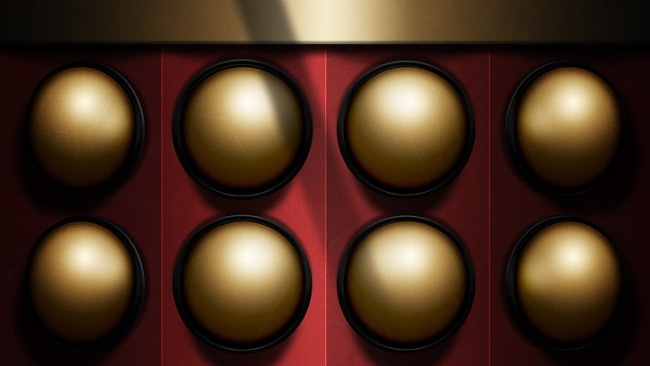red framed and 6-gold balls panel, Doctor Who, Daleks, indoors