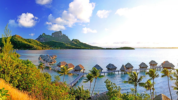 bay, summer, overwater bungalow, landscape, tropics, french polynesia, HD wallpaper