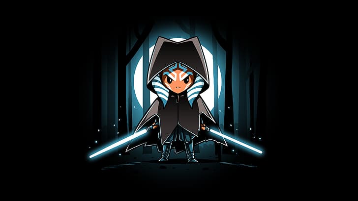 Star Wars, Ahsoka Tano, artwork, lightsaber, cloaks, black background