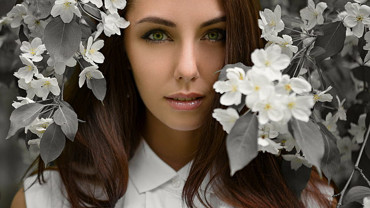 women, face, Sergey Fat, portrait, flowers