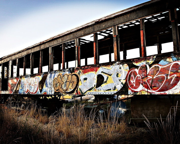 graffiti, train, abandoned, rail transportation, nature, train - vehicle, HD wallpaper