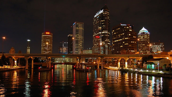 cityscape, building, reflection, Tampa, Florida, night, architecture, HD wallpaper