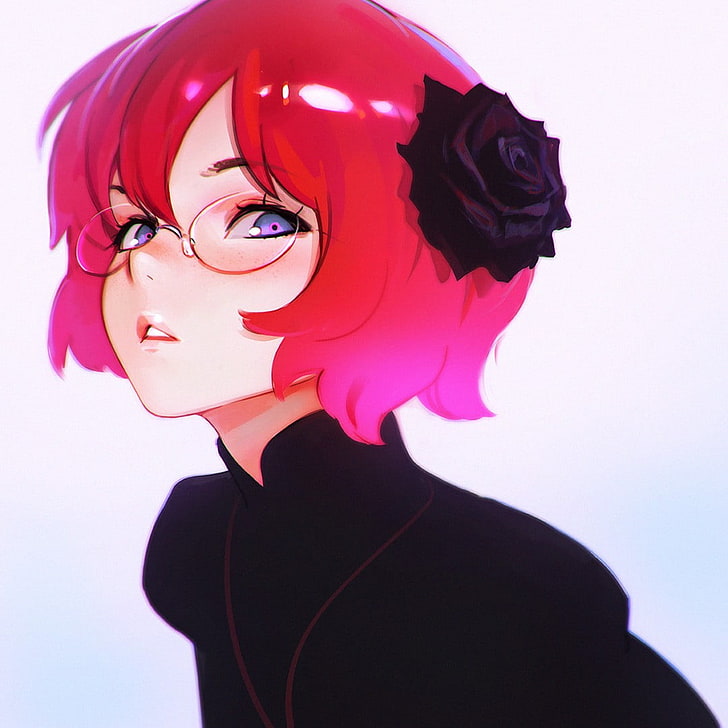 red-haired female anime character wearing eyeglasses digital wallpaper