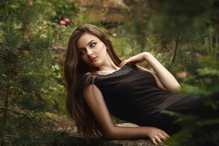 women's black sleeveless blouse, forest, look, girl, flowers