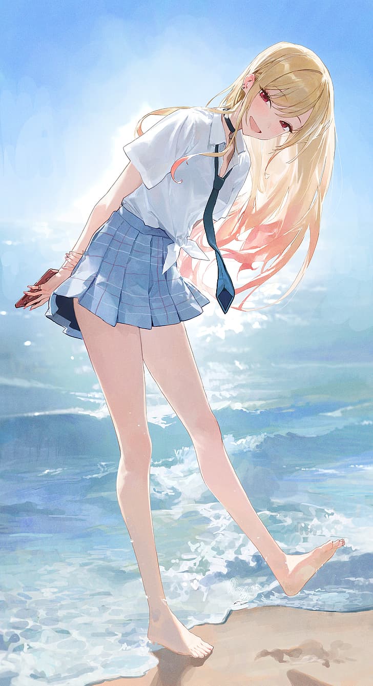school skirt, school uniform, legs, anime, beach, sea, wet clothing