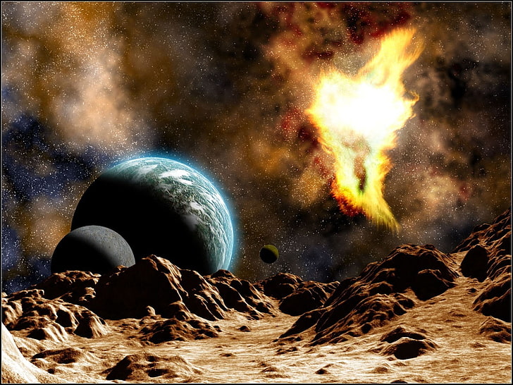 outer space red stars galaxies planets rocks nebulae science fiction moons space Space Galaxies HD Art