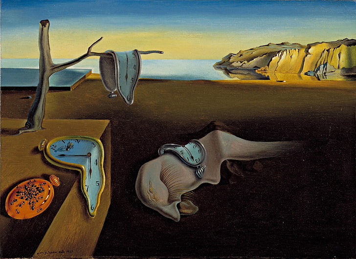 analog clock on seashore painting, Salvador Dalí, surreal, classic art