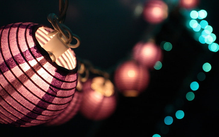 purple paper lanterns, lights, decorations, bokeh, macro, blurred, HD wallpaper