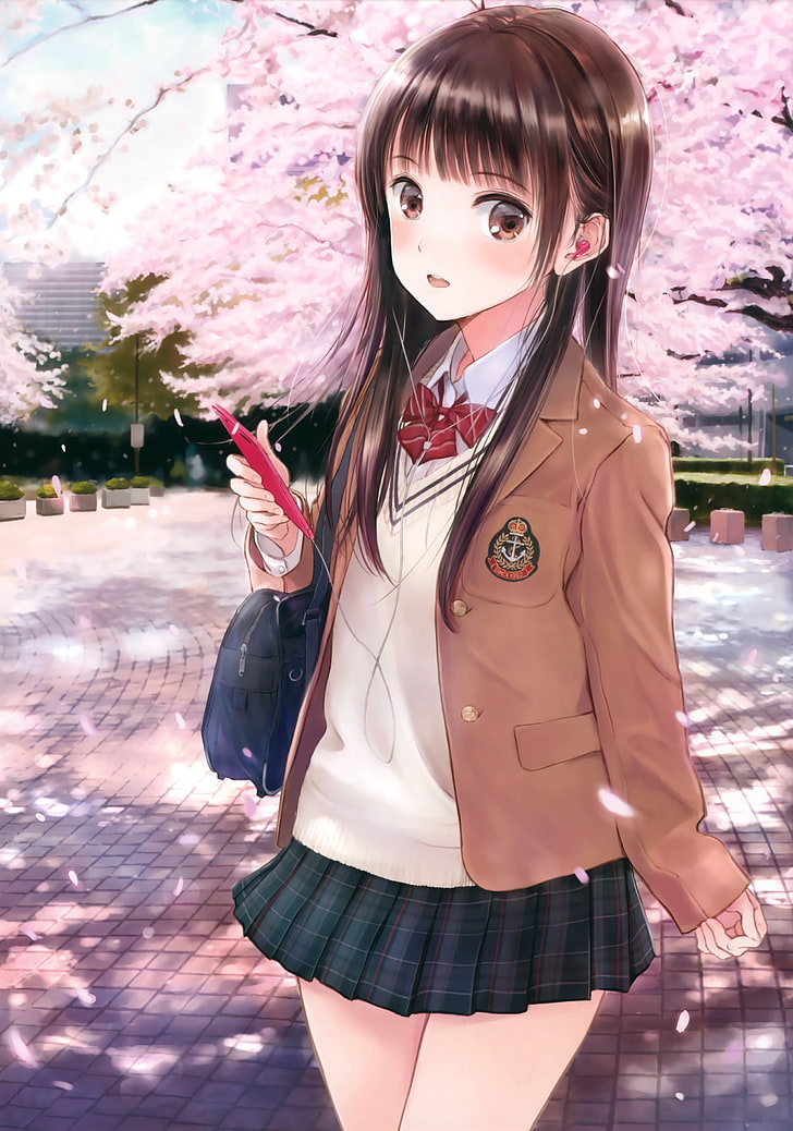 HD wallpaper: anime, anime girls, long hair, phone, brunette, brown eyes |  Wallpaper Flare