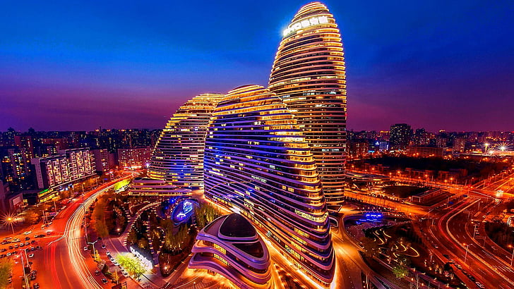 beijing, china, night, city lights, city life, night time, night life, HD wallpaper