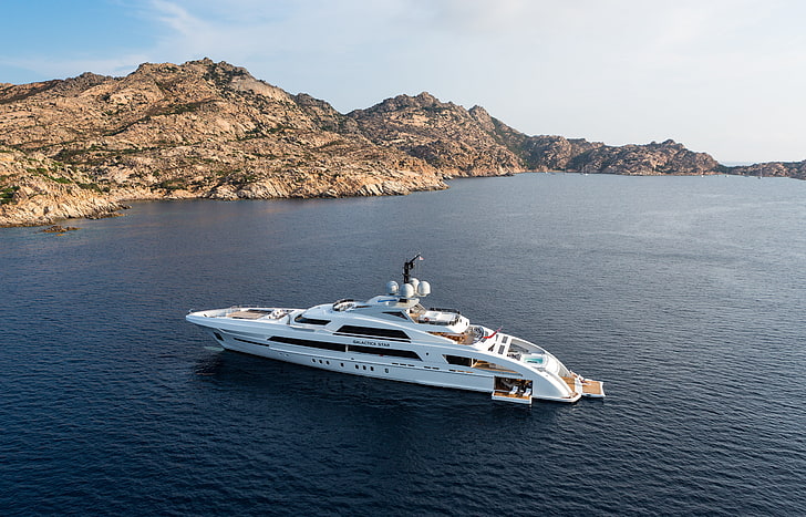 white yacht, sea, mountains, yachts, landscape., mega, luxury, HD wallpaper
