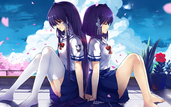 two purple-haired female anime characters, Clannad, Fujibayashi Kyou