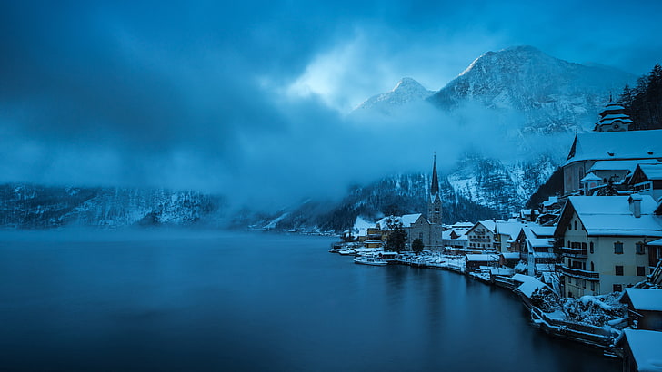 nature, town, mountains, Austria, lake, Hallstatt, winter, cold temperature