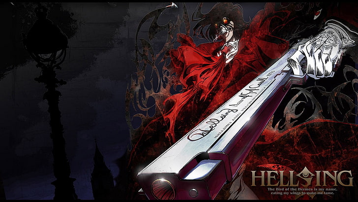 HellSing digital wallpaper, Alucard, pistol, vampires, red, mode of transportation