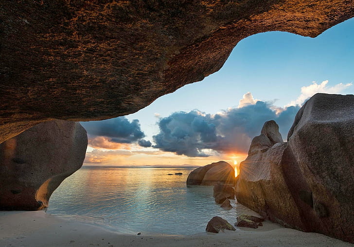 photography, landscape, nature, cave, beach, sea, rocks, sunset, HD wallpaper