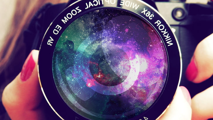 black Nikon Nikkor camera lens, galaxy, space, stars, photography, HD wallpaper