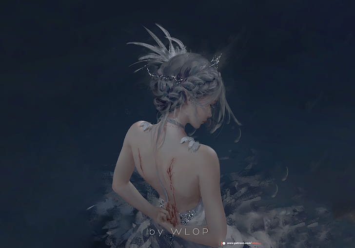blood, feathers, hairstyle, grey background, Diadema, wounds