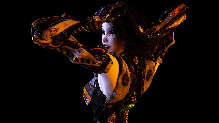black-haired character wearing yellow gear armor, robot, women