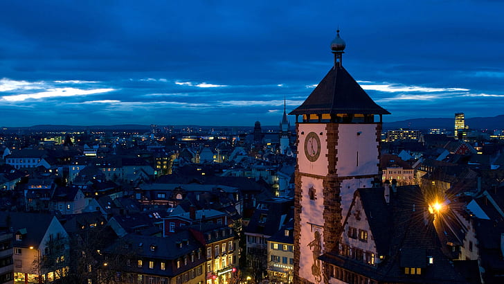 night, lights, tower, Germany, panorama, Baden-Württemberg, HD wallpaper