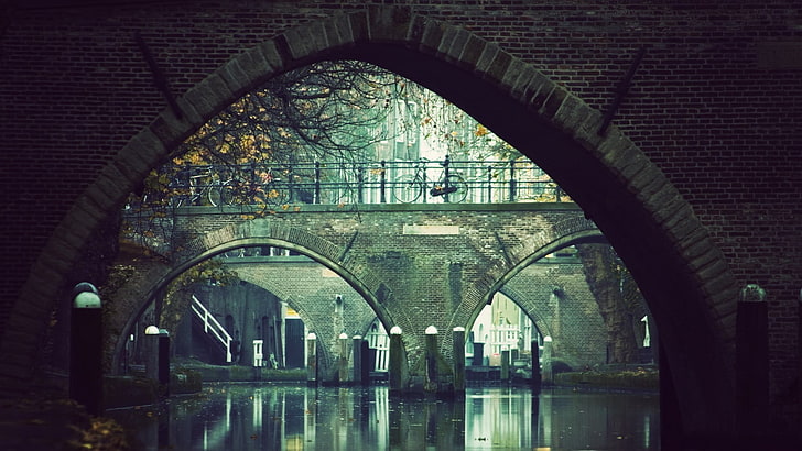 concrete bridge, river, bicycle, shadow, photography, trees, Amsterdam