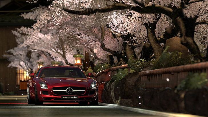 red Mercedes-Benz vehicle, Gran Turismo 5, video games, Mercedes-Benz SLS AMG, HD wallpaper