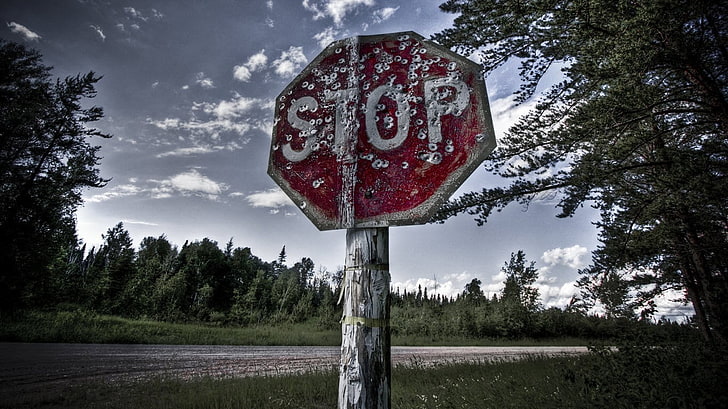 red stop sign, landscape, tree, plant, text, communication, sky
