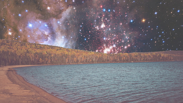 body of water painting, lake, landscape, space, constellations