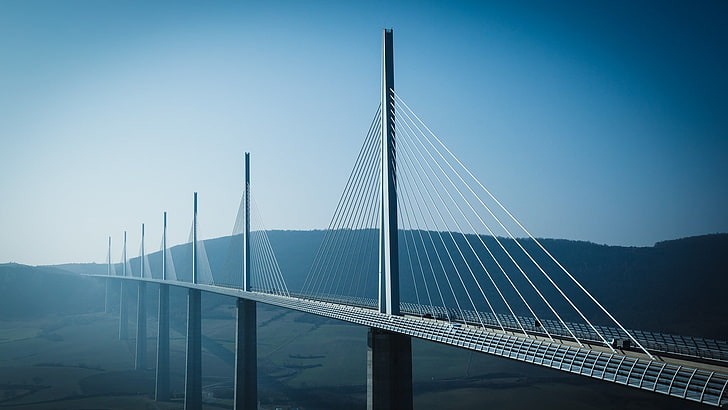 gray suspension bridge, Millau Viaduct, built structure, connection, HD wallpaper