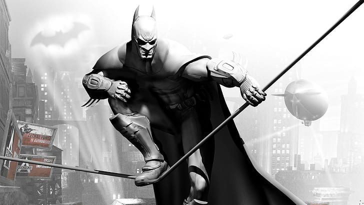 Batman arkham city, Character, Cloak, Airship, Black and white, HD wallpaper