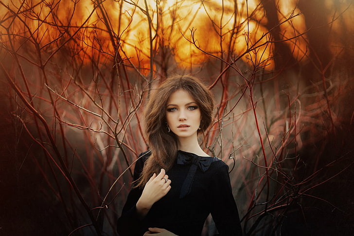 women's black long-sleeved top, forest, grass, look, sunset, sexy, HD wallpaper
