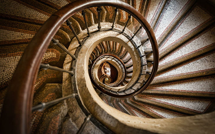 Spiraling stairs, brown spiral staircase, photography, 1920x1200