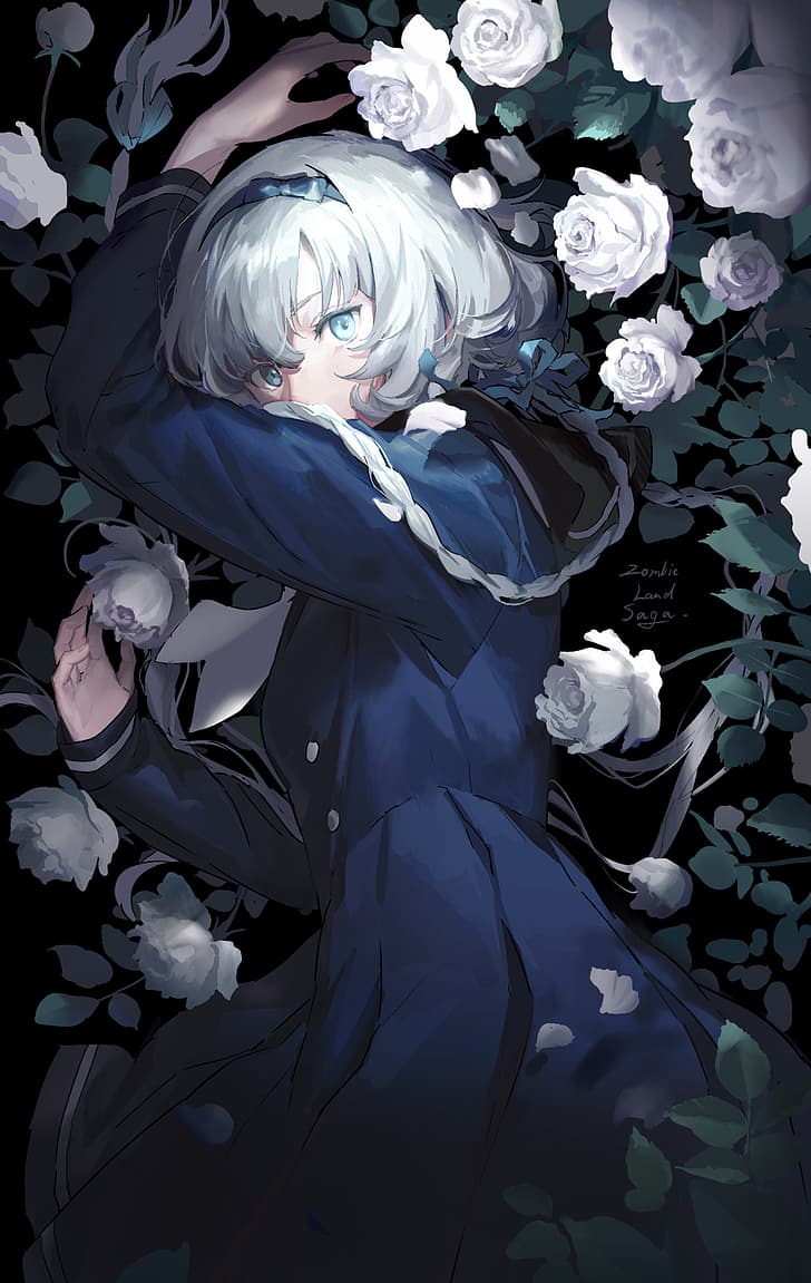 Zombieland Saga, white rose, blue eyes, anime, braided hair