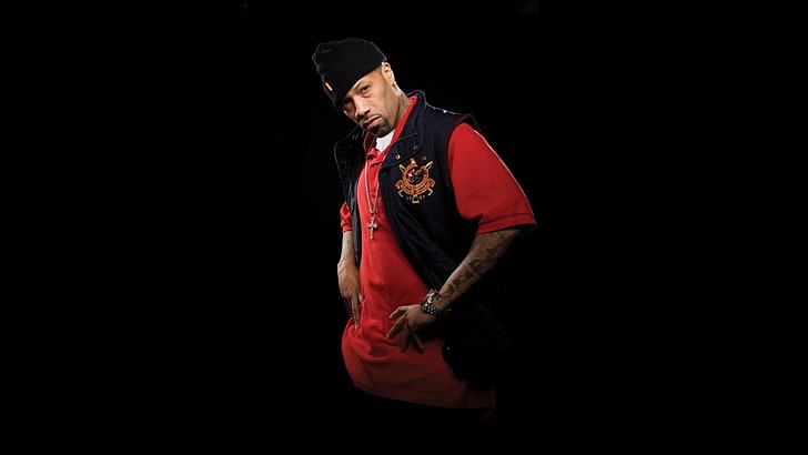 men's black beanie, black vest, and red polo shirt, redman, tattoo