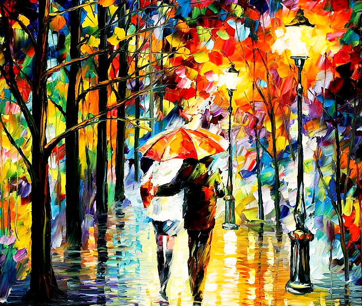 two people holding umbrella painting, autumn, lights, Park, rain, HD wallpaper