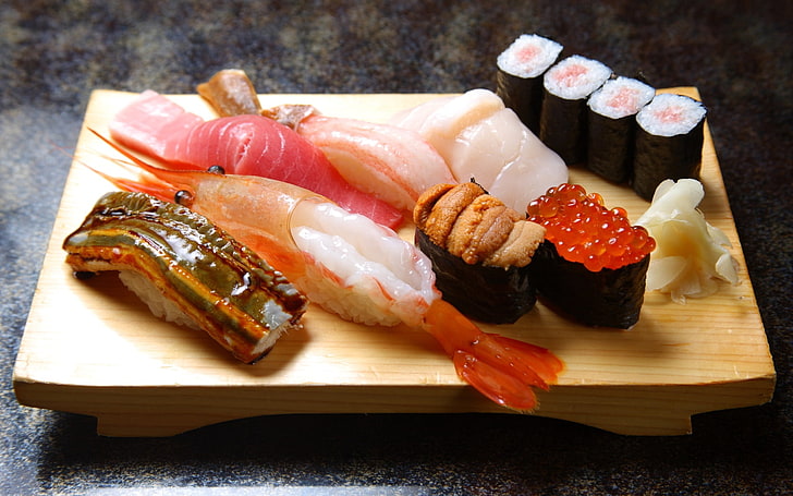 assorted sushi, board, rolls, rice, fish, salmon roe, shrimp