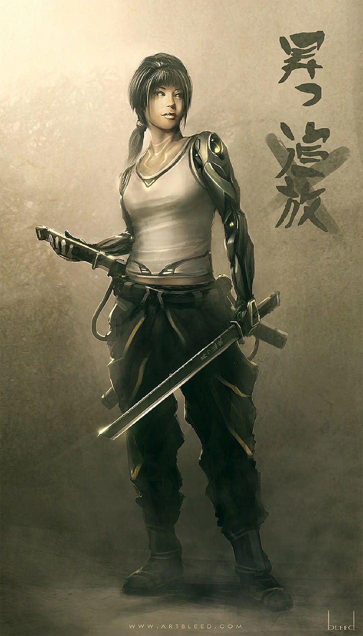 woman with swords illustration, bionics, cyborg, cyberpunk, weapon