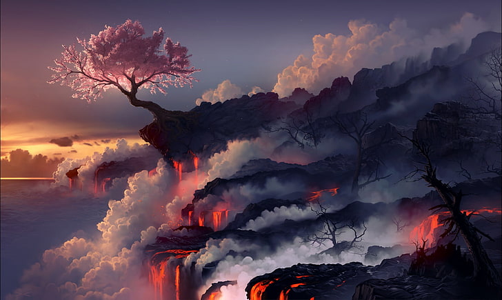 Cherry Blossom tree surrounded with lava digital wallpaper, Game
